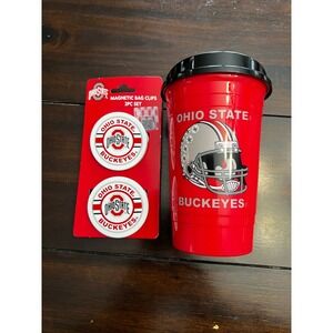 NWT Ohio State Buckeyes  Tumbler Travel Cup W Lid Magnetic Bag Clips 2 Piece Set
